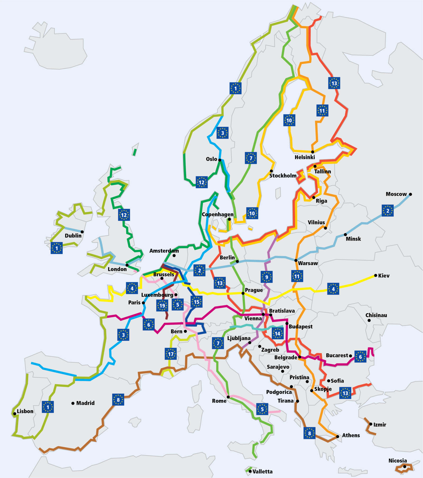 Schematyczna mapa szlaków EuroVelo